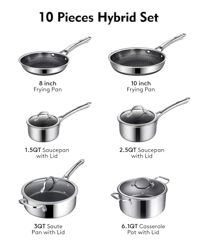 SNOWCLAD Pots and Pans Set Non Stick, 10 Pcs Hybrid Stainless Steel Cookware Sets, Non Stick Frying Pans, Saucepans, Saute Pan & Stock Pot, PFOA Free Kitchen Skillet,Induction Compatible