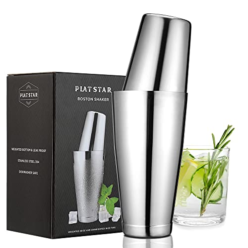 Plat Star Boston Cocktail Shaker Set, Weighted 28oz Unweighted 18oz Shaker Tins, 304 Stainless Steel Leak-Proof Drink Mixer Cup, Metal Bartender Tools for Home Bar & Commercial, Silver