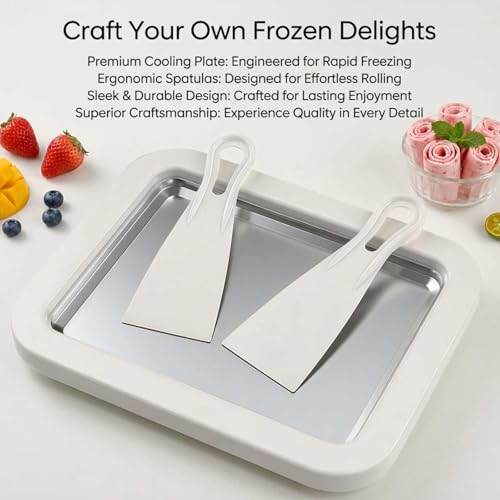 Rolled Ice Cream Maker Kit, DIY Ice Cream Roll Tray with 2 Scrapers, No Electricity Required, Stainless Steel Freezing Plate for Rolled Ice Cream, Frozen Yogurt, Sorbet (White)