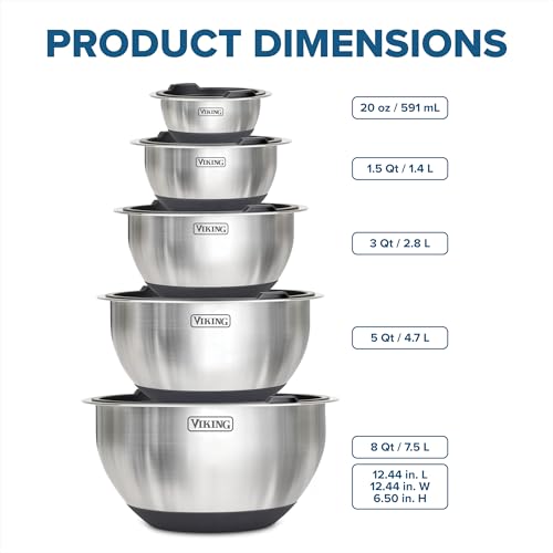 Viking Mixing Bowls Set, 10 Piece Stainless Steel Kitchen Cookware, Non-Slip Silicone Base, Includes Tight Fit Lids, Dishwasher Safe, Black