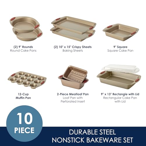 Rachael Ray Cucina Nonstick Bakeware Baking Pans Set, Latte Brown and Cranberry Red, Baking Dishes, 10-Piece