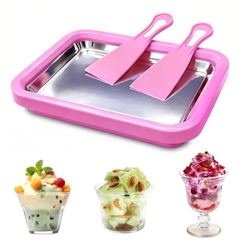 KeyDoors Rolled Ice Cream Maker with 2 Scrapers, Food Grade Stainless Steel Tray for Frozen Yogurt & Slushie, Homemade DIY for Parent-Child Family Activities, Ideal Birthday Gift (Pink)