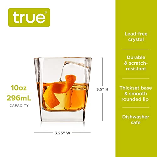 TRUE Square Rocks Glass, Old Fashioned Whiskey Glasses, Superb Drinking Cups for Cocktail Party, Home Bar, Bartender Accessories, Set of 4, 10 oz