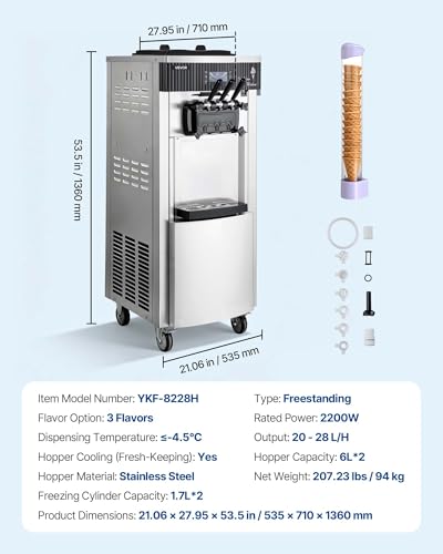 VEVOR Commercial Ice Cream Machine, 20-28L/H Yield, 2200W 3-Flavor Freestanding Soft Serve Ice Cream Maker with 2 x 6L Hoppers & Hopper Agitation, Pre-Cooling Self-Cleaning for Snack Dessert Shops