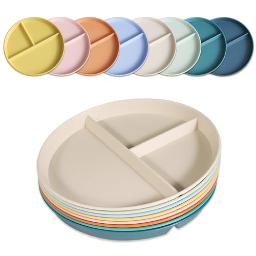 Divided Plates for Adults (8 Packs), Unbreakable Portion Control Plate Sectioned with Dividers, 9 Inch Plastic Food Separator Dinner Plates Lightweight Compartment BPA Free Reusable Microwave Safe