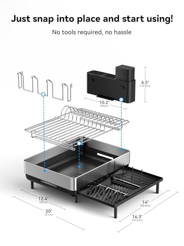 SUNLY Large Dish Drying Rack, Expandable Dish Racks for Kitchen Counter, Space Saving 304 Stainless Steel Drying Rack Kitchen, Extra Large Drainer with Multifunctional Flip Up Pegs, Black