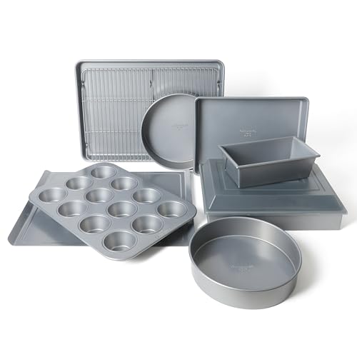 Calphalon Titan 10-Piece Nonstick Bakeware Set, Baking Sheet Set, Steel Core PFA-Free Nonstick Coating, Oven Safe, Includes Sheet Pans, Muffin Pan, Round Cake Pans, Loaf Pan and Cooling Rack - Silver