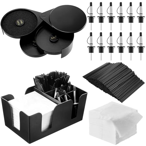 Mifoci 3 Tier Bar Glass Rimmer Bartender Tool with 12 Pcs Stainless Steel Classic Bottle Pourers, Bar Caddy with 6 Compartment, 1000 Pcs Coffee Cocktail Stirrers, 200 Napkins (Plastic)