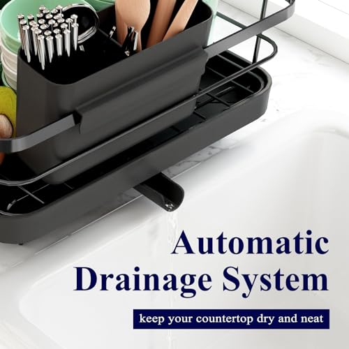 Kitsure Dish Drying Rack for Kitchen Counter, 12.2''W x 15.7''~23''L, Black