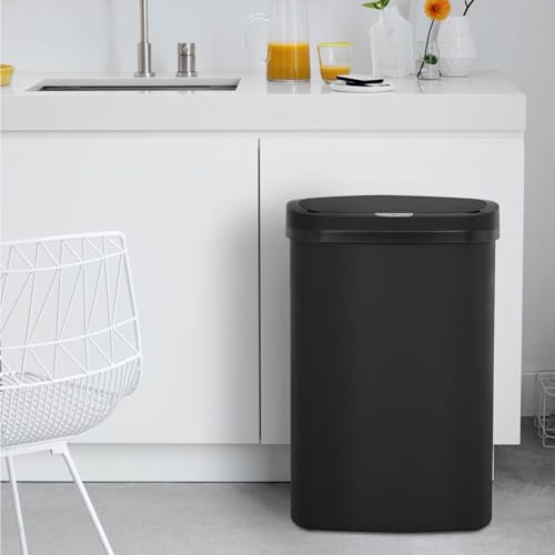 BestOffice Black Plastic Touch Free High-Capacity Garbage Can with Lid, 49L/13G, Rectangular, Quiet Close, Kitchen, Bedroom, Bathroom, Office