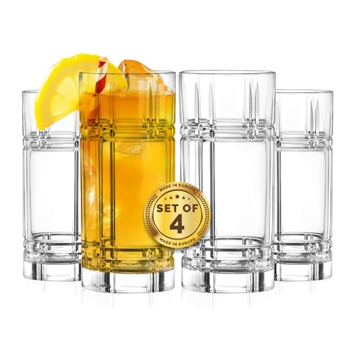 Barski Highball Glass - Drinking Glasses - Set of 4 - Hiball Tumblers - Glass Crystal Tumbler - for Water, Juice, Beer, Mixed Cocktails, Mojito Glass, Tom Collins Bar Glassware, 12 oz, Made in Europe