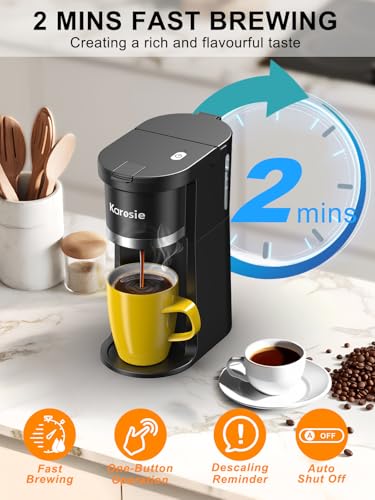 Karosie Small Single Serve Coffee Maker, Fast Brew for Pods & Ground Coffee, 6-12 Oz Brew Sizes, One-Button Single Cup Coffee Maker, Coffee Machine with Descaling Reminder,Black