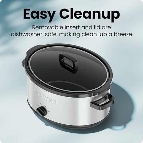 Chefman Slow Cooker 7 Quart, Large Family Size Slow Cooker with Low, High & Warm Settings, Removable Ceramic Crock, Tempered Glass Lid, Dishwasher-Safe for Easy Cleanup, Stainless Steel