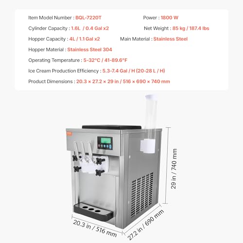 VEVOR Commercial Ice Cream Machine, 21 QT/H Soft Serve Ice Cream Maker with LCD Panel Auto Clean 3-Flavor Pre-cooling for Restaurant Snack Bar