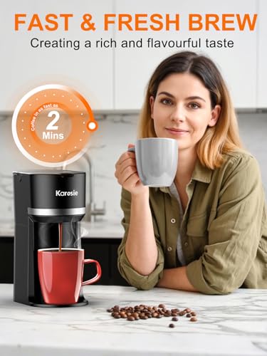 Karosie Single Serve Coffee Maker for Coffee Pods and Grounds, Fast Brew, 6-12 oz Brew Sizes Single Cup Coffee Maker Fits 5.5" Mugs, One-Button Small Coffee Maker, Descaling Reminder,Black,9.45 Inches