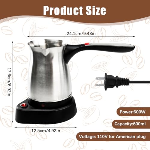 Electric Turkish Coffee Pot, 600ml Stainless Steel Heating Tea Maker Kettle with Foldable Handle, 110V US Plug Turkish Electric Coffee Maker Machine for Home/Travel