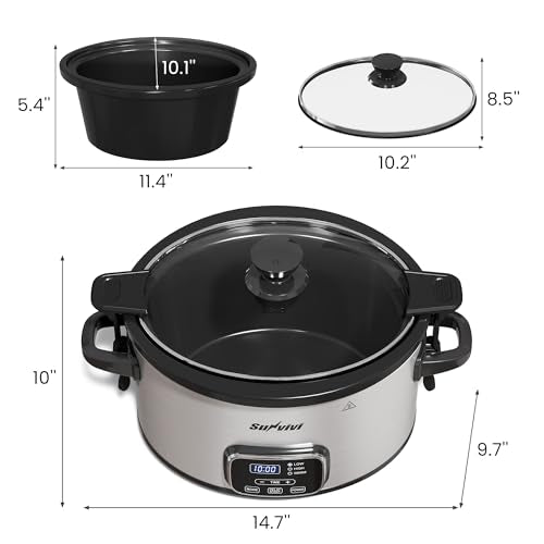 SUNVIVIPRO 4QT Programmable Slow Cooker with Removable Ceramic Pot, Locking Lid, 3 Heating Settings & Timer, Dishwasher-Safe, Stainless Steel Silver