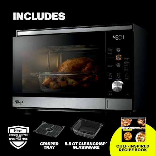 Ninja Crispi Microwave and Air Fryer with FusionCrisp, 14-in-1, 1000W, 0.9 Cu. Ft., Max Crisp, Roast, Bake, Broil, 8 Microwave Presets, Popcorn, Defrost, and more, PFAS-Free Glassware, Silver, MW101