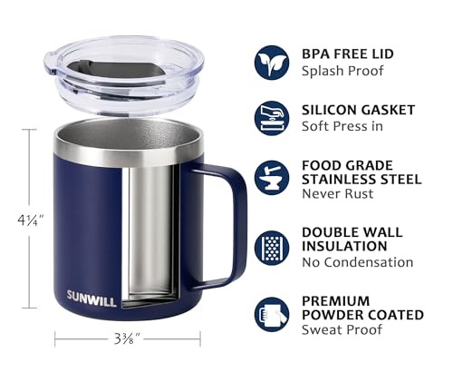 SUNWILL Insulated Coffee Mug with Lid, Travel Tumbler with Handle, 14oz Stainless Steel Cup for Camping, Office, Home, Powder Coated Navy Blue