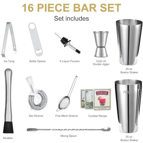 Perjoy Cocktail Shaker Set, 16 Piece Bartender Kit, Cocktail Shaker, Stainless Steel Bar Set Accessories, Coktail Set, Boston Shaker, Drink Mixer Shaker, Bartending Bar Tools with Muddler Spoon Jigger