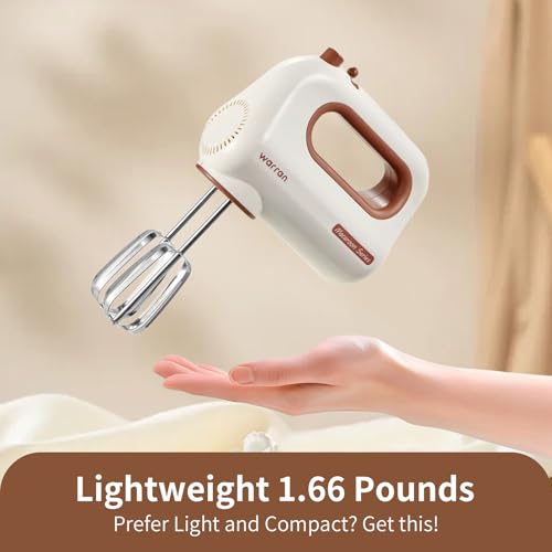 warran 300W Compact Lightweight Electric Hand Mixer, with Powerful Quiet DC Motor for Baking, Cake, Brownies, Cookie Dough, Ideal for Home Kitchen (White)