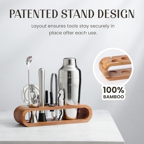 Mixology Cocktail Shaker Set - 10-Piece Cocktail Making Set - Home Bartender Kit in Bamboo Stand with Spoon, Boston Shaker, Other Tools for Drink Mixing, Martini, Mocktail - Gift Set (Silver)