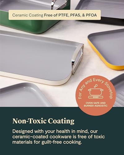 Caraway Square Cookware Set - Square Pans Set - Perfect for Griddling, Toasting, Searing, Roasting, and More - Non-Stick Ceramic Coated Pans - Non Toxic, PTFE & PFOA Free - Sage