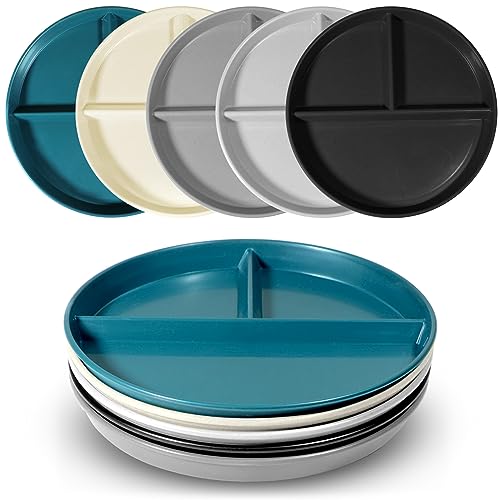 WAYGYMBBD Portion Control Plate For Adults 9 Inch 5Pcs, Round Divided Plates for Adults, 3 Compartment Plates With Dividers，Microwave And Dishwasher Safe
