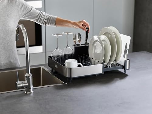 Joseph Joseph Extendable Dish Drying Rack with Dual Parts - Stainless Steel, Non-Scratch, Movable Utensil Drainer & Drainage Spout, Gray