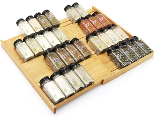 Bamboo Spice Drawer Organizer, (Need 3.1” Deep Drawer) Expandable 4 Tier Spice Rack for Cabinet (From 12" to 23" Wide), Seasoning Storage Insert, Spice Organizer for Drawer,Jars Not Included
