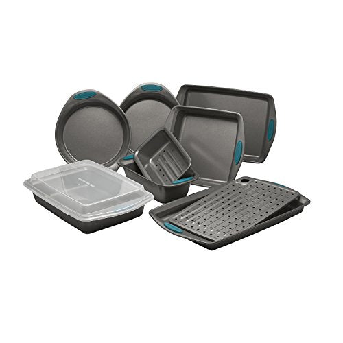 Rachael Ray Yum-o! Nonstick Bakeware Oven Lovin' Baking Pans Set, 10-Piece, Gray and Marine Blue