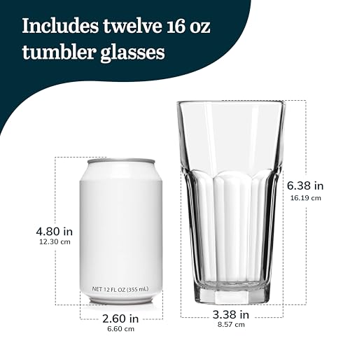 Libbey Gibraltar 16 oz Glass Tumbler, Iconic Heavy Base Glass Drinking Glasses Set of 12, Dishwasher Safe Drinkware Set of 12