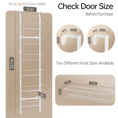 Delamu Pantry Door Organizer, Adjustable Metal Over the Door Pantry Organizer Rack, 6-Tier Over the Door Spice Rack, Kitchen Pantry Door Organizers and Storage, D5 W12 H52.1 inch, White, Small