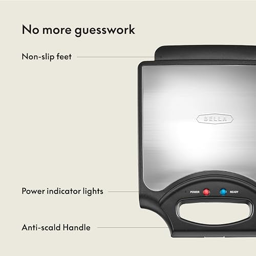 bella Waffle Iron - 4 Square Belgian Waffle Maker, Non-stick Extra Large Plates for Easy Cleanup - Compact Design, Stainless Steel, Black, 1400W