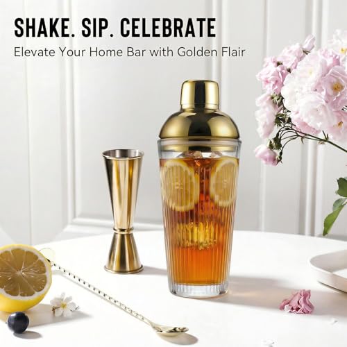 Glass Cocktail Shaker Set with Built-in Strainer – 16oz Ribbed Glass Shaker, Gold Jigger & Bar Spoon with Muddler, Bar Kit for Home Bar, Margaritas, Martinis, Gifts for Men & Women