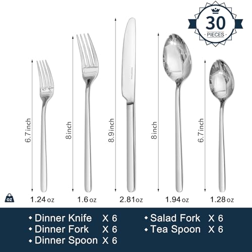 KINGSTONE 30 Pieces Silverware Set, Flatware Cutlery Set for 6, 18/10 Stainless Steel Silverware Utensils Minimalist Design Dishwasher Safe