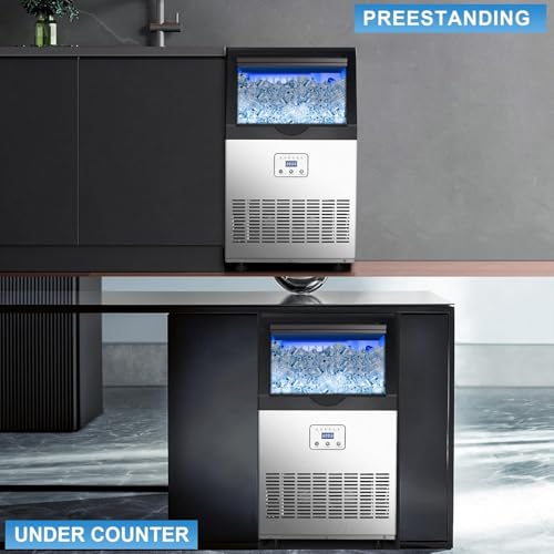 Zomagas 90LBS/24H Commercial Ice Maker Machine, Undercounter or Freestanding Stainless Steel Ice Machine with 25LBS Storage, 32 Cubes/Cycle, Self-Cleaning & Quiet Operation for Home, Bar, Restaurant