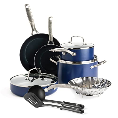Blue Diamond 11 Piece Cookware Set, Diamond Infused PFAS & PFOA-Free Ceramic Nonstick Pots and Pans, Durable Nontoxic Metal