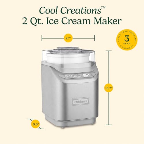 Cuisinart Ice Cream Maker Machine, 2-Quart Stainless Steel Frozen Yogurt, Gelato, Sorbet, Ready in 20 Minutes, LCD Screen and Timer, ICE-70WB