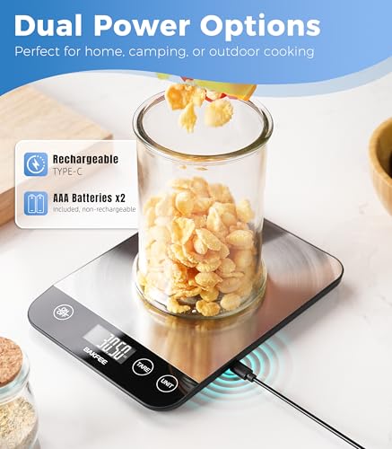BakFee Food Scale, 33lb Rechargeable Kitchen Scale with Stainless Steel, Grams and Ounces, USB Charging, 1g High Accuracy for Baking, Cooking & Food Prep, Black, BK806