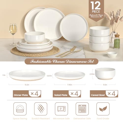 Plates and Bowls Sets, Dinnerware Sets for 4, 12 Pieces Scratch Resistant Dishware Dishes Set, Ceramic Kitchen Dinner Set, Porcelain & Microwave and Dishwasher Safe, Cream White