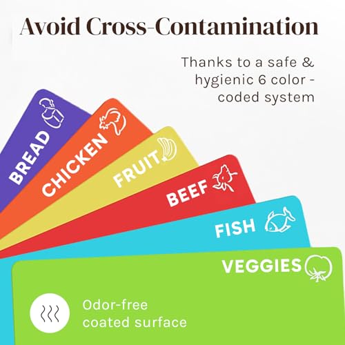 Extra Thick Flexible Plastic Cutting Board Mats, Set of 6 for Kitchen, BPA Free, Non-Slip Waffle Back, Dishwasher Safe Cutting Boards, Color Coded with Food Icons, 15x12 Inch - Cooler Kitchen