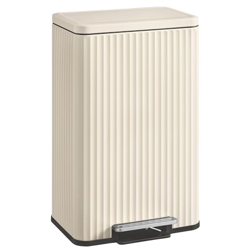 SONGMICS Trash Can, 13 Gallon (50 L) Garbage Can for Kitchen, with Lid, Pedal, and Removable Inner Bucket, Soft Close, Stainless Steel, 15 Trash Bags (Code K) Included, Cream White ULTB586LZ01