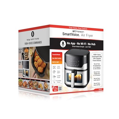 Emerson SmartVoice 5.3QT Air Fryer, 1000+ Voice Commands, 6-in-1 Digital Cooker, Compact Countertop Design, Oil-Free Healthy Cooking, Easy-Clean Nonstick Basket, 1500W