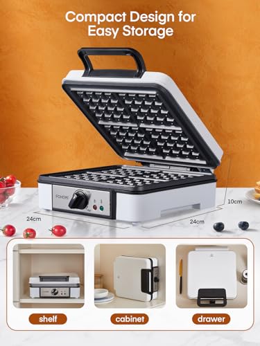 FOHERE Waffle Maker 4 Slices, 1200W Square Waffle Iron, 5 Browning Levels, Nonstick Plates, Cool-touch Handle, Anti-scald, Anti-overflow, Indicator Lights, Recipe, White (Large)