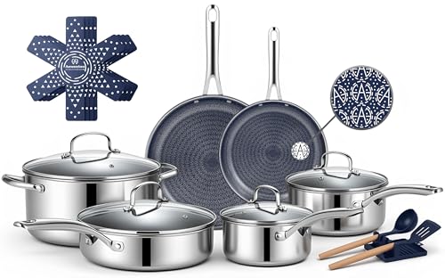 Ammeloo Hybrid Stainless Steel Cookware Set, 17-Piece Tri-Ply Pots and Pans Set Non Stick, Induction Kitchen Cookware