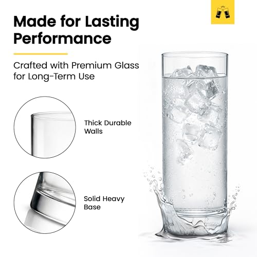 LEMONSODA Premium Highball Glass Set | Tom Collins Glasses 12oz Set of 6 | Lead-Free Glass with Heavy Base | Dishwasher Safe Cocktail Glasses for Mojito Whiskey Iced Tea | Modern Durable Bar Glassware