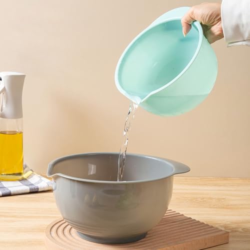 Cheeren Set of 3 Mixing Bowls with Pour Spout-Nesting Design Saves Space - Non-Slip, BPA Free, Dishwasher Safe Plastic - Kitchen Cooking and Baking Supplies (Green Pink Grey)