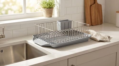 Farberware Classic 3-Piece Dish Drying Rack Set, Gray - Rust-Resistant Dish Rack for Kitchen Counter with Self-Draining Board and Flatware Caddy