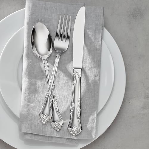 Oneida Silverware Set For 8, Azalea 45-Piece Everyday Flatware Set with Serving Utensils, Floral, Service For 8, 18/0 Stainless Steel, Dishwasher Safe, Knives Spoons And Forks Sets (Silver, 45 Pieces)